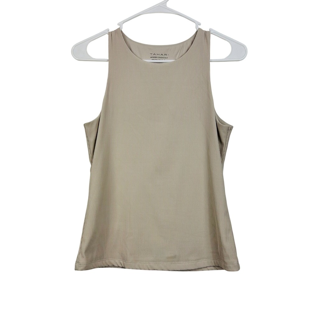 Tahari Tank Top Womens Small Beige Ribbed Sleeveless Modern Essentials Crew Neck